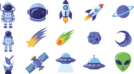 Space and astronomy icons set featuring astronauts, rockets, planets, UFOs, comets, satellites, meteors, and alien science fiction elements © MstGulzan