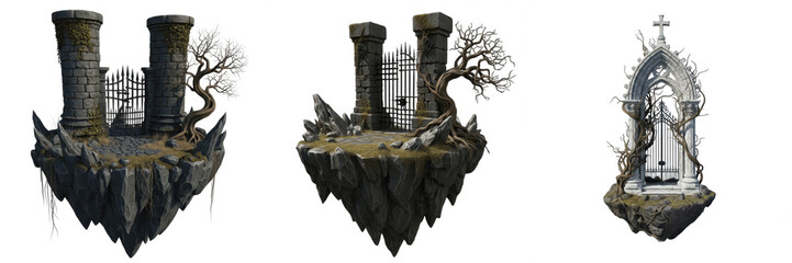 Dark Fantasy Floating Island with Gothic Ruins, Ancient Stone Pillars and Spooky Dead Tree