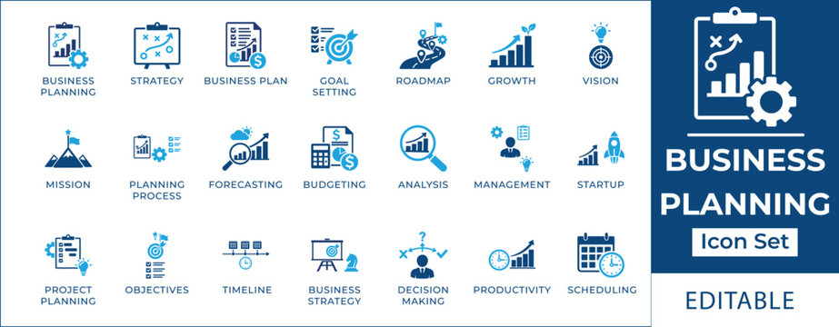 Business planning and strategic management icon set featuring goal setting, roadmap, business forecasting, budgeting, mission, vision, startup growth, and project planning symbols.