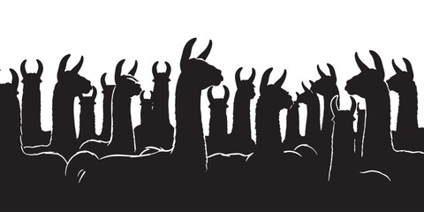 A diverse group of black llama silhouettes stand together against a white background, creating a striking graphic illustration. © Riki