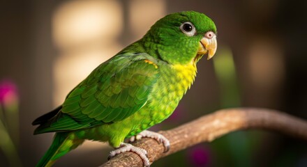 A vibrant green white-eyed parakeet perched gracefully on a branch in nature's embrace