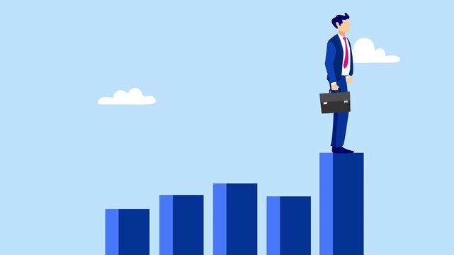 A businessman hops across descending bar charts, stepping on them to lower and ultimately reach the highest bar. Symbolizes overcoming market dips to achieve growth.