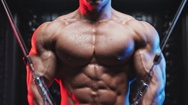 Muscular Man Bodybuilder Posing in Gym with Red and Blue Lights.