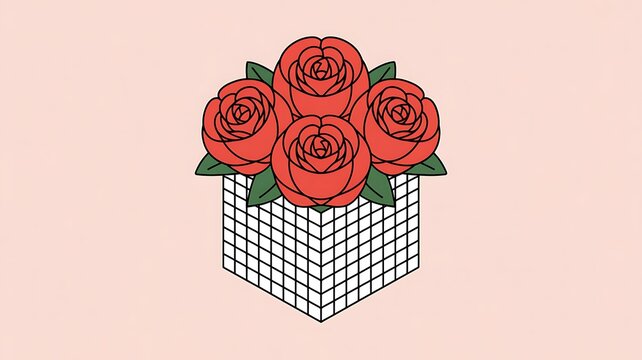 A simple, charming illustration of a basket filled with four vibrant red roses and green leaves against a pale pink background.