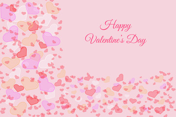 Happy Valentines Day celebration greeting card decorated with multi-coloured heart shapes on a pink background.