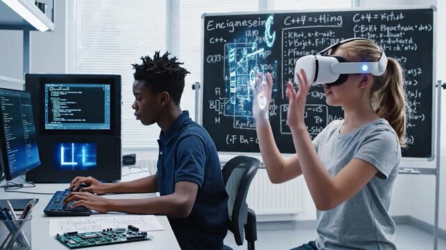Young students explore virtual reality and coding in a modern tech lab