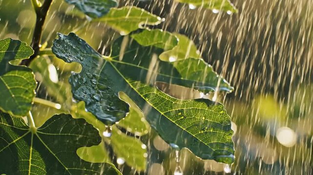 Close-up of lush green fig leaves glistening with fresh water droplets during a gentle rain shower