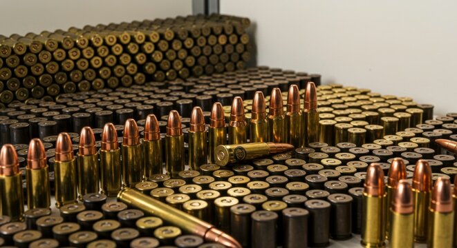 Ammunition Displayed in Bulk, Highlighting a Collection of Bullets and Cartridges Representing
