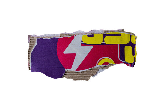 Fragmento de cart&oacute;n corrugado rasgado con gr&aacute;fico de rayo blanco y colores vibrantes sobre fondo negro