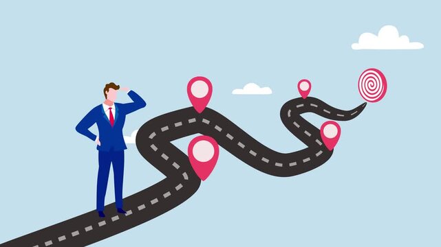 A businessman watches a curving path grow towards a bullseye target in the distance. Symbolizes strategic planning, focus, and achieving precise goals.