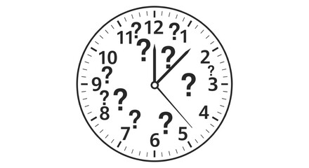 Fototapeta premium Confused Clock Face with Question Marks - Deadline Anxiety Vector Graphic Symbolizing Lost Time and Unknown Future, isolated on transparent background.