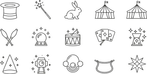 Magic and circus line icons set featuring magician hat, wand, rabbit, cards, crystal ball, drum, fortune telling, and fantasy symbols © MstGulzan