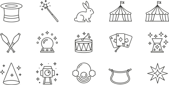 Magic and circus line icons set featuring magician hat, wand, rabbit, cards, crystal ball, drum, fortune telling, and fantasy symbols