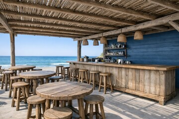 Fototapeta premium Rustic beachside bar and lounge with ocean view and wooden furniture setup. Ai generative