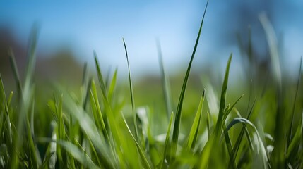 Obraz premium Vibrant green grass with a soft focus foreground and clear blue sky, conveying natural freshness.