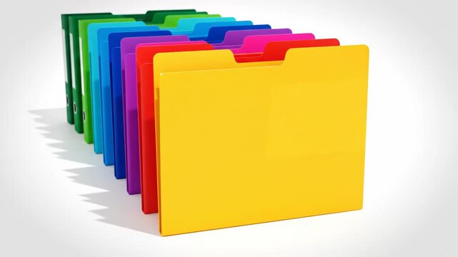 Colorful file folders in various hues standing upright in a row on a surface