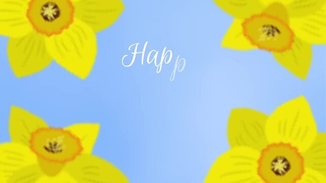 Women's Day Animation. Animated Greeting Card. Spring Holiday Banner. Yellow Daffodils Flowers on Blue Background. Spring Flowers. Animated Text Happy Women's Day.
