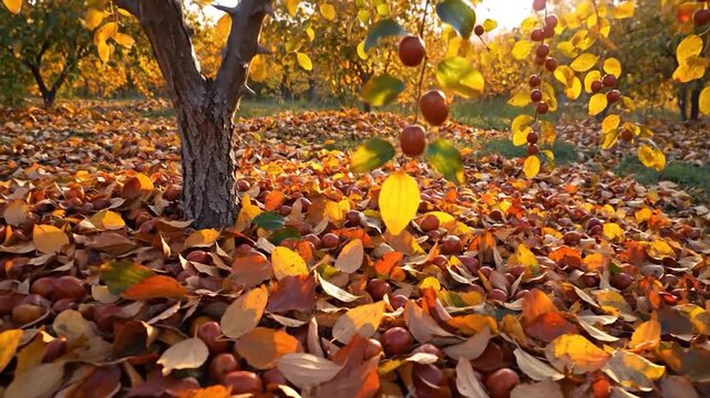 Jujube tree with ripe fruit in an orchard during golden autumn