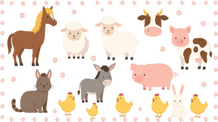 Farm animals vector illustration set with horse cow sheep and pig for children's education or rustic farmer's market branding
