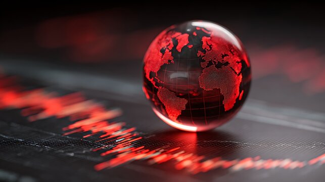 Elegant poto of Red glowing world globe on abstract dark background with financial graph lines