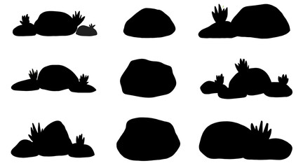 Minimalist Nature Silhouette Collection Rocks Grass and Leafy Branches Vector Set A comprehensive set of black silhouettes featuring various garden stones, wild grass tufts, and laurel leaf branches. 