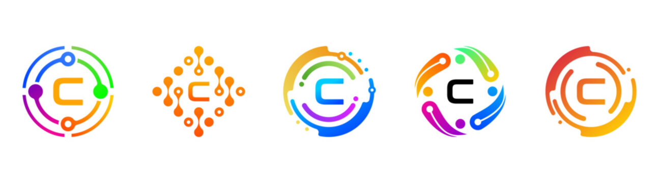 Set of abstract letter C technology logos with colorful gradients and circular network elements. Modern futuristic symbols for AI, digital innovation, branding, apps, and tech companies