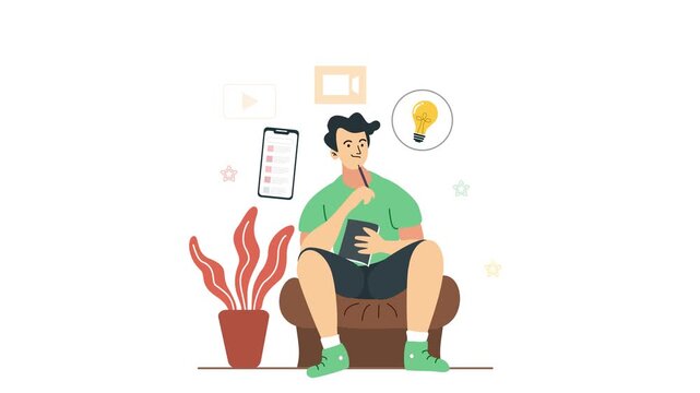 A thoughtful young man holds a pen and notes, surrounded by floating creative icons and light bulbs. Symbolizes brainstorming, creative process, and conceptual thinking.