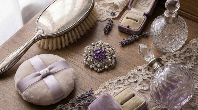 Edwardian Vanity Still Life with Amethyst Brooch