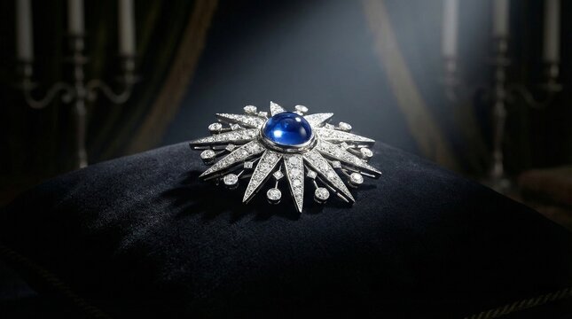Luxurious 1910s Platinum and Sapphire Starburst Brooch on Black Velvet