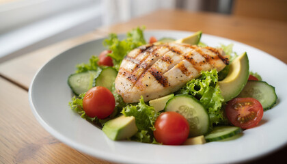 Grilled chicken salad with tomatoes, avocado, and cucumbers fresh and colorful. Perfect for healthy food, recipe blogs, and restaurant menus.