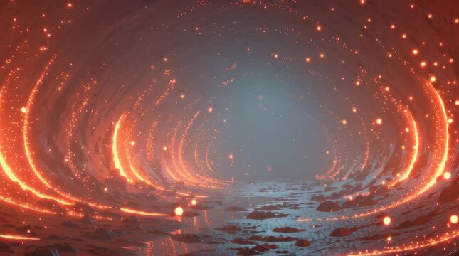 Abstract Glowing Stock Video of a Volcanic Ash Tunnel with Magma Rivers