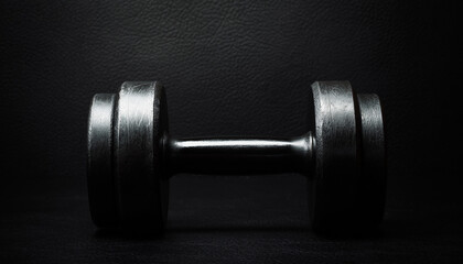 Single metal dumbbell rests on textured black surface. Fitness, gym, workout, strength training, exercise, equipment, health, wellness concepts.