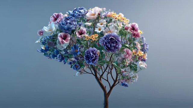 Human brain shaped tree with flower bloom, self care and mental health concept, positive thinking and creative mind nature illustration

