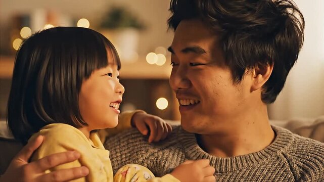 Happy daughter whispering a secret into her fathers ear at home