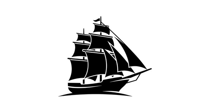 Minimalist black silhouette of a classic sailing ship with full sails. Clean nautical logo design isolated on white background.