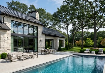 Fototapeta premium Luxury modern house with a swimming pool, patio, and outdoor seating area, surrounded by lush green trees