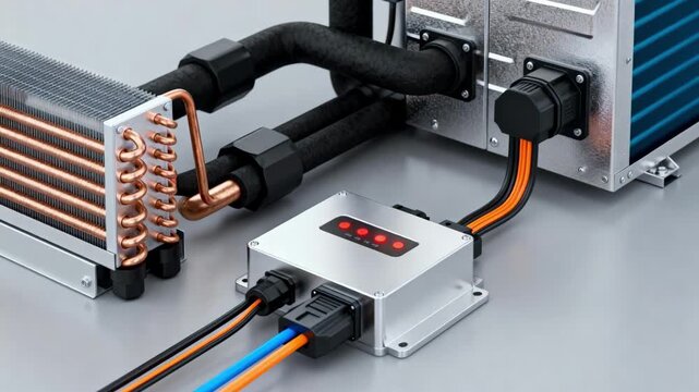 Close view of a hybrid heat pump installation kit with integrated parts for both air and ground source systems highlighting versatility.