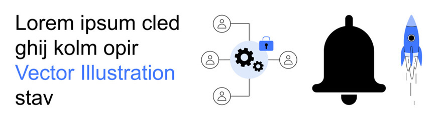 Business automation, notifications, startup growth, data protection, technology, collaboration. network diagram, bell icon and rocket. Business automation and notifications