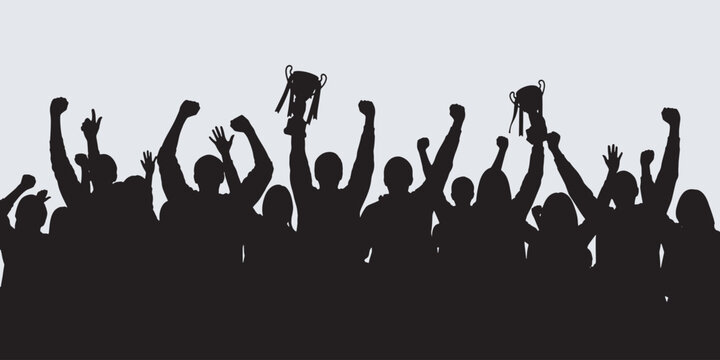 Silhouette of a cheering crowd holding up trophies and raising their fists in celebration of a victory.