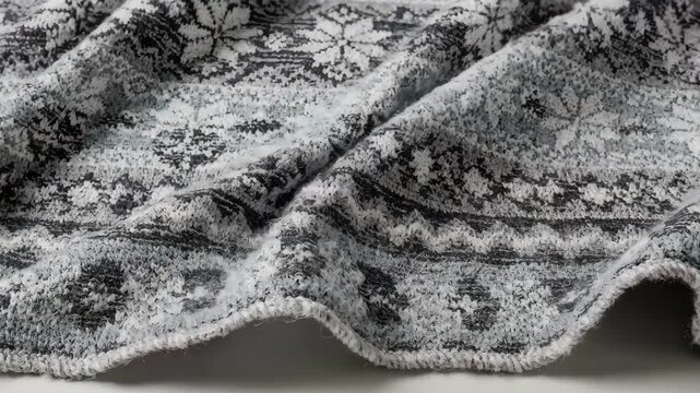 Medium shot of Jacquard knit yardage showcasing intricate Nordicinspired motifs with bold geometric shapes and cool wintery hues.