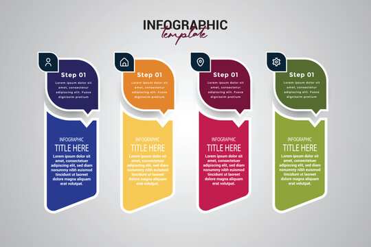 Four vertical business process banners with speech bubble steps and icons