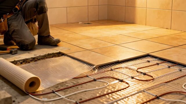 Medium shot of electric heated floor underlay being installed beneath bathroom tiles ensuring warmth and comfort during cold mornings.