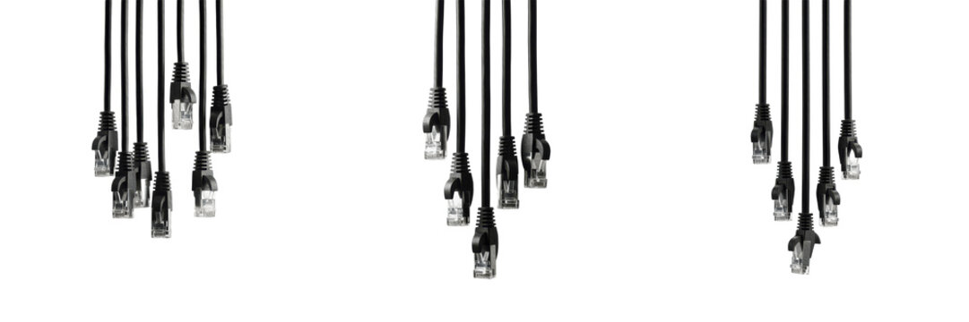 Bunch of black ethernet network cables with RJ45 connectors isolated on white background