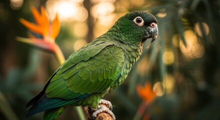 Obraz premium Green-cheeked conure perched peacefully on a branch with vibrant foliage background showcasing