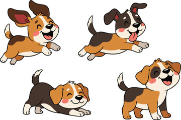 Playful puppy cartoon illustration set, cute running jumping dog characters, adorable pet mascot collection isolated on white background