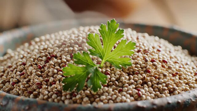 Close-up of uncooked quinoa seeds in a rustic bowl with a fresh parsley sprig garnish