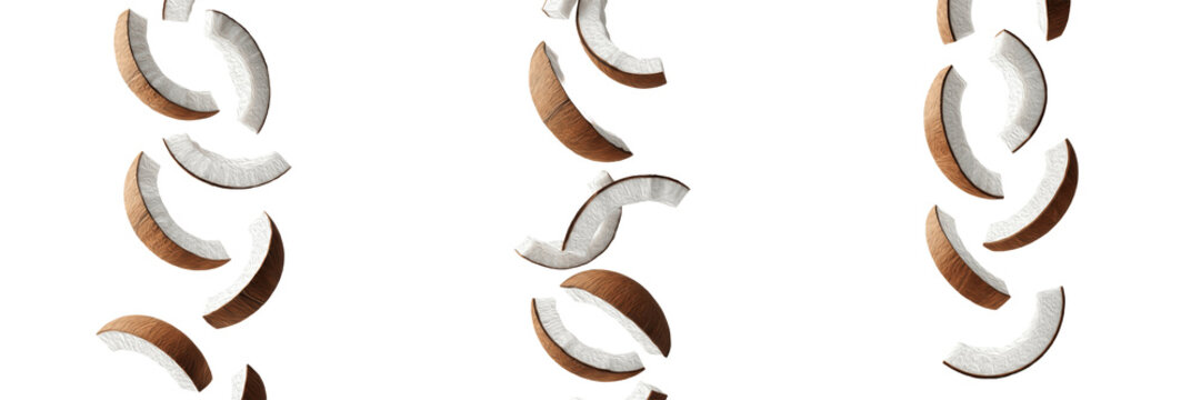 Set of fresh coconut slices falling isolated on white background, organic tropical fruit pieces for food and cosmetic ingredient concept.