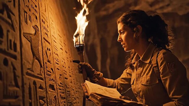 Woman explorer studying ancient hieroglyphs in a dark cavern