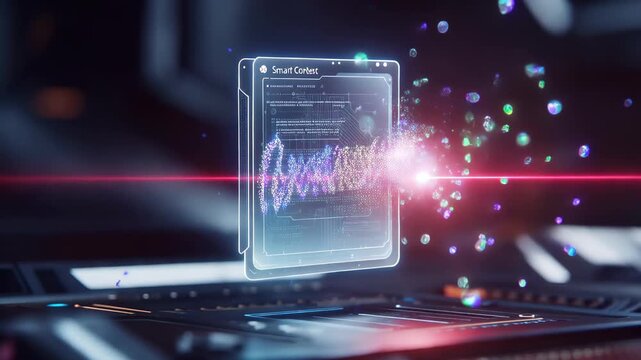 Slow motion of a glowing "Smart Contract" being signed in mid-air by a laser beam, digital particles scattering like diamonds.