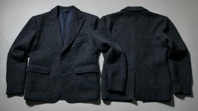 Medium shot of structured doubleknit jacket panels highlighting dense textures and intricate knit patterns for a modern tailored look.